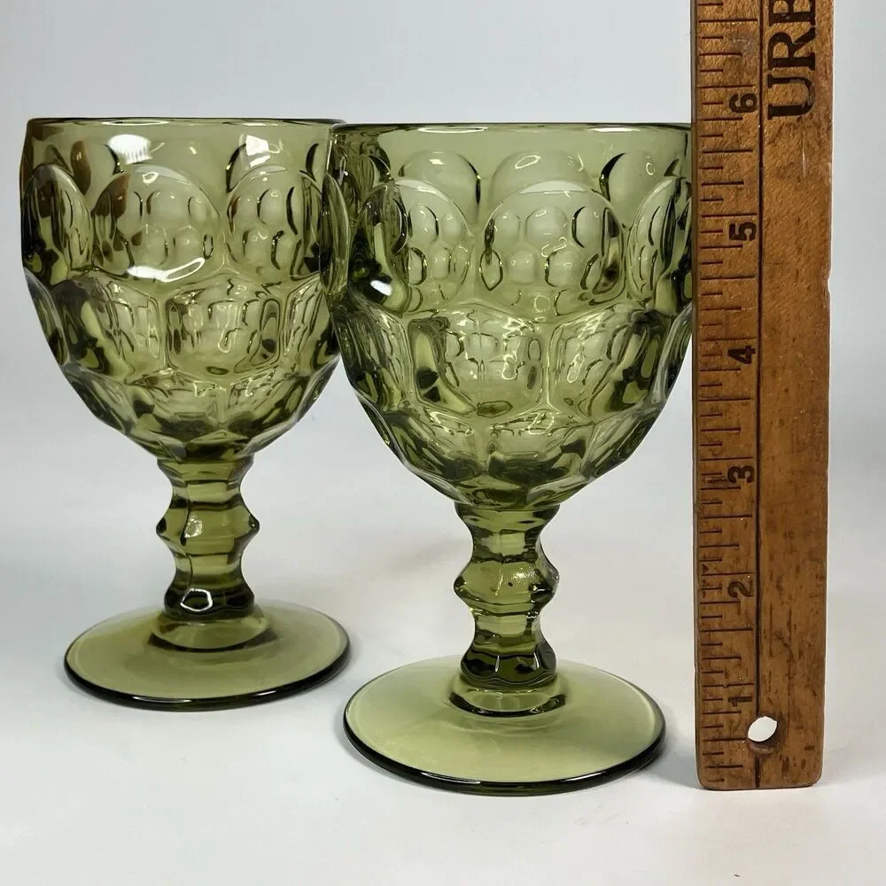Vtg Lot 2 Imperial Glass Provincial Thumbprint Avocado Verde Green Goblets